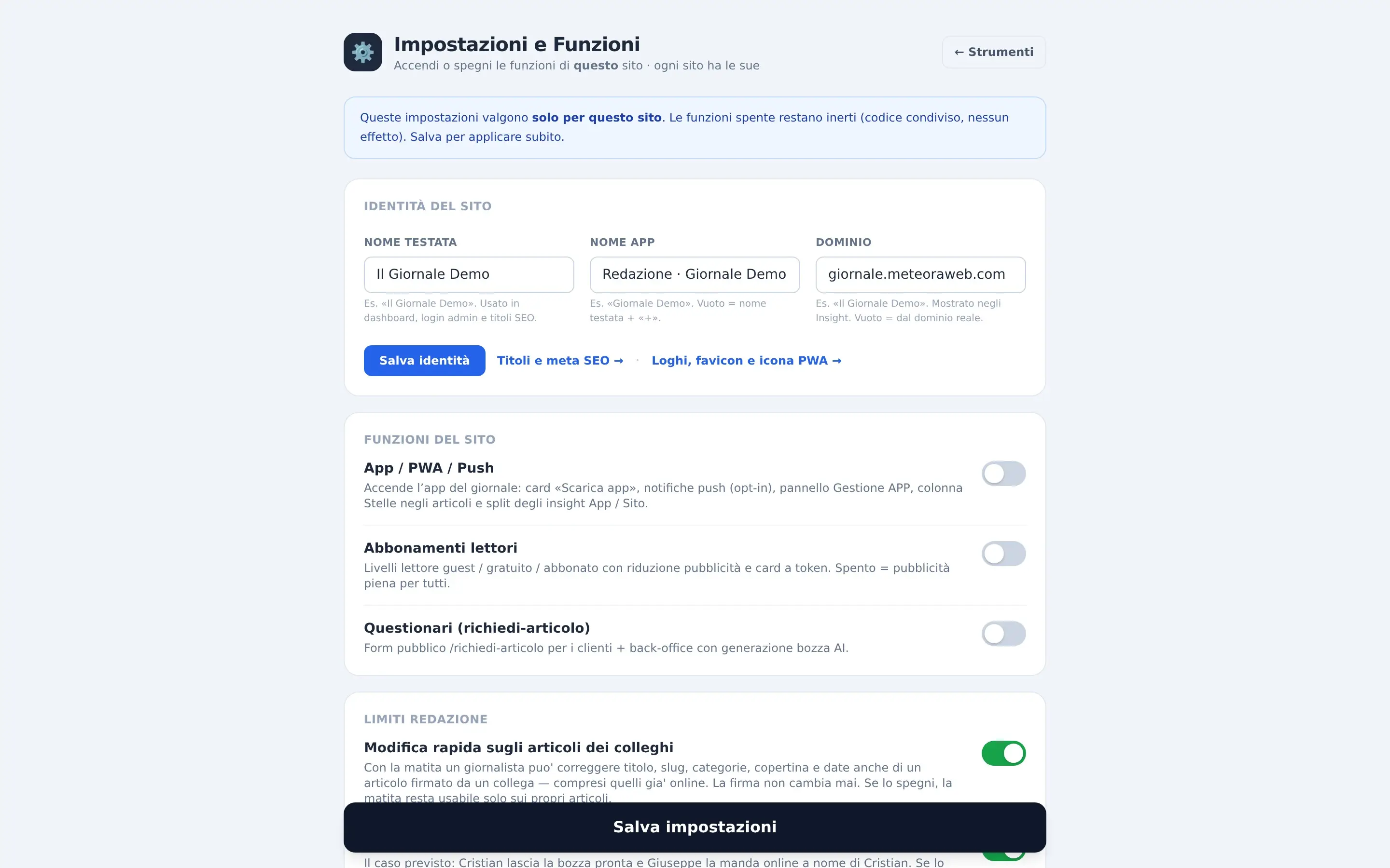 Impostazioni e funzioni, con il nome della testata e gli interruttori per accendere o spegnere ogni funzione del sito