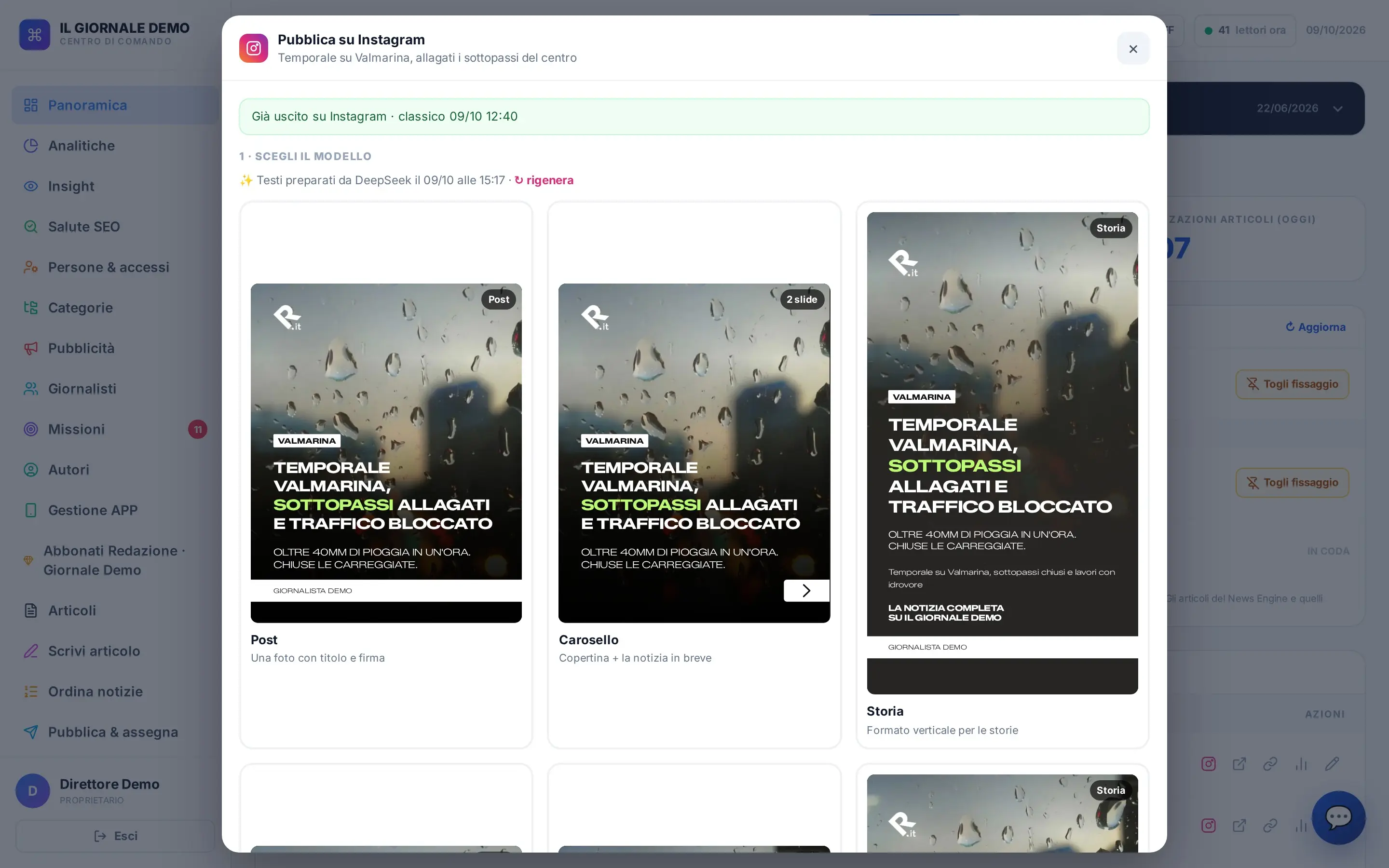Il popup Instagram con i modelli grafici generati dall’articolo, post, carosello e storia, da correggere e pubblicare