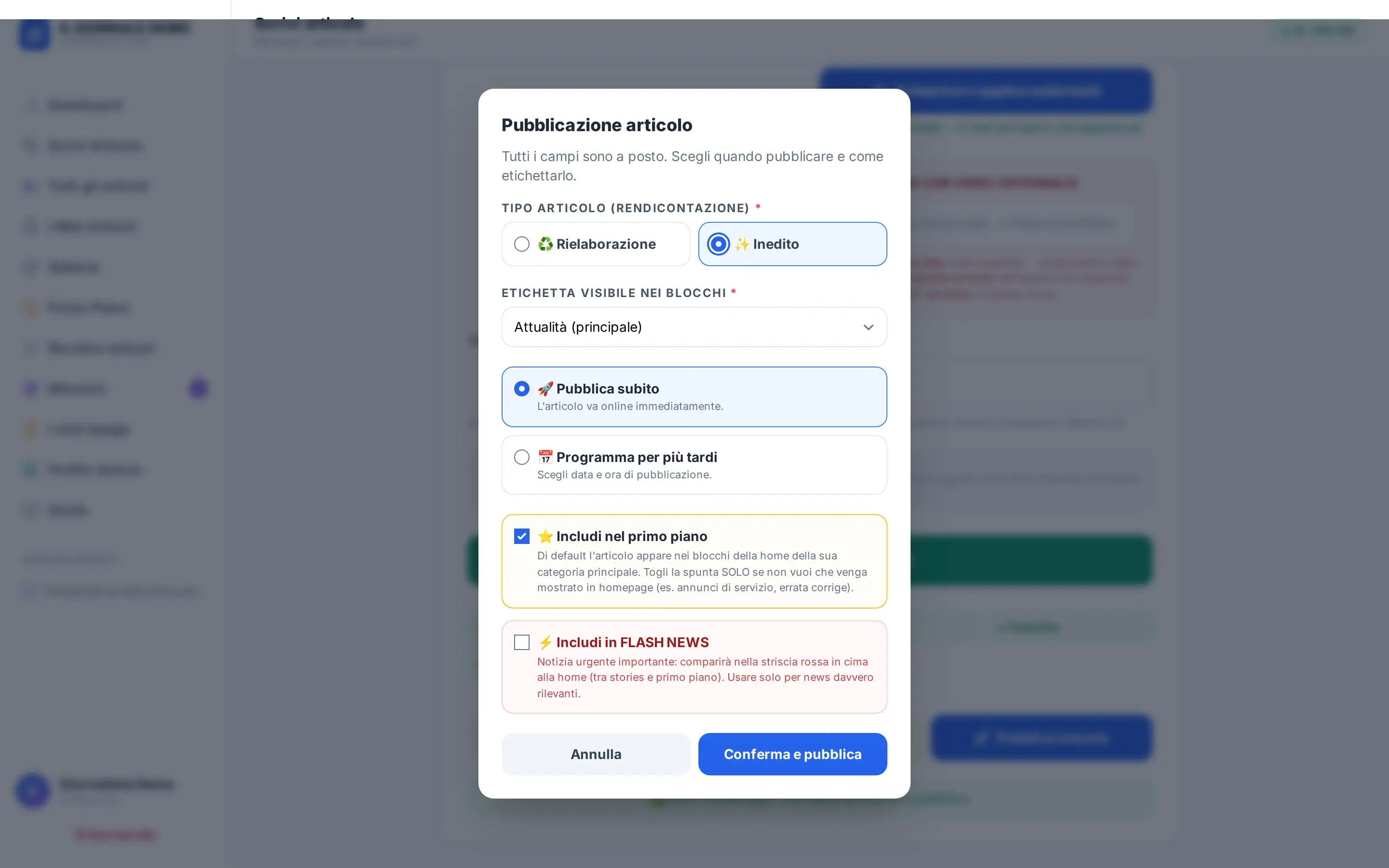 Il popup di pubblicazione con le scelte tra pubblica subito e programma, le caselle per primo piano, flash news e Facebook