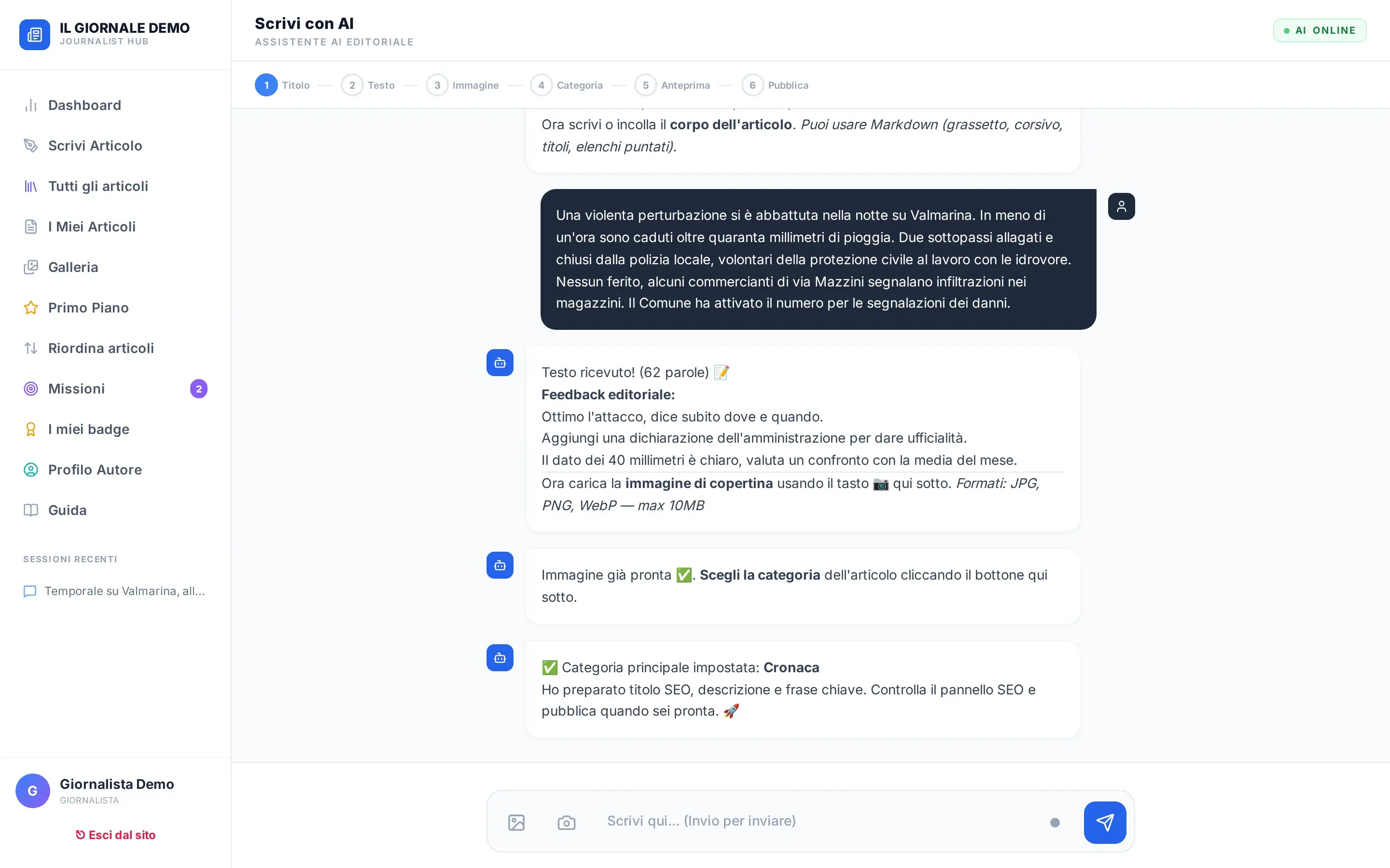 La scrittura guidata, una chat in cui l’assistente chiede titolo, testo e foto, poi prepara SEO e anteprima