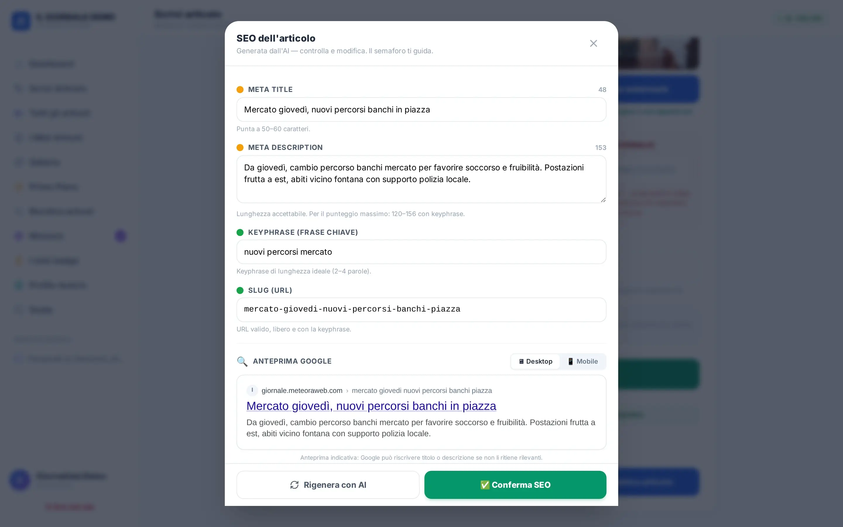 Il pannello SEO con titolo, descrizione, parola chiave e indirizzo proposti dall’assistente, il semaforo di controllo e l’anteprima di Google
