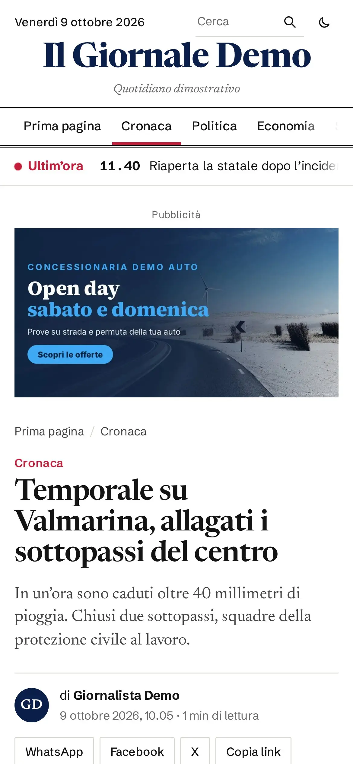 Un articolo del Giornale Demo sul telefono, con il banner sopra il titolo