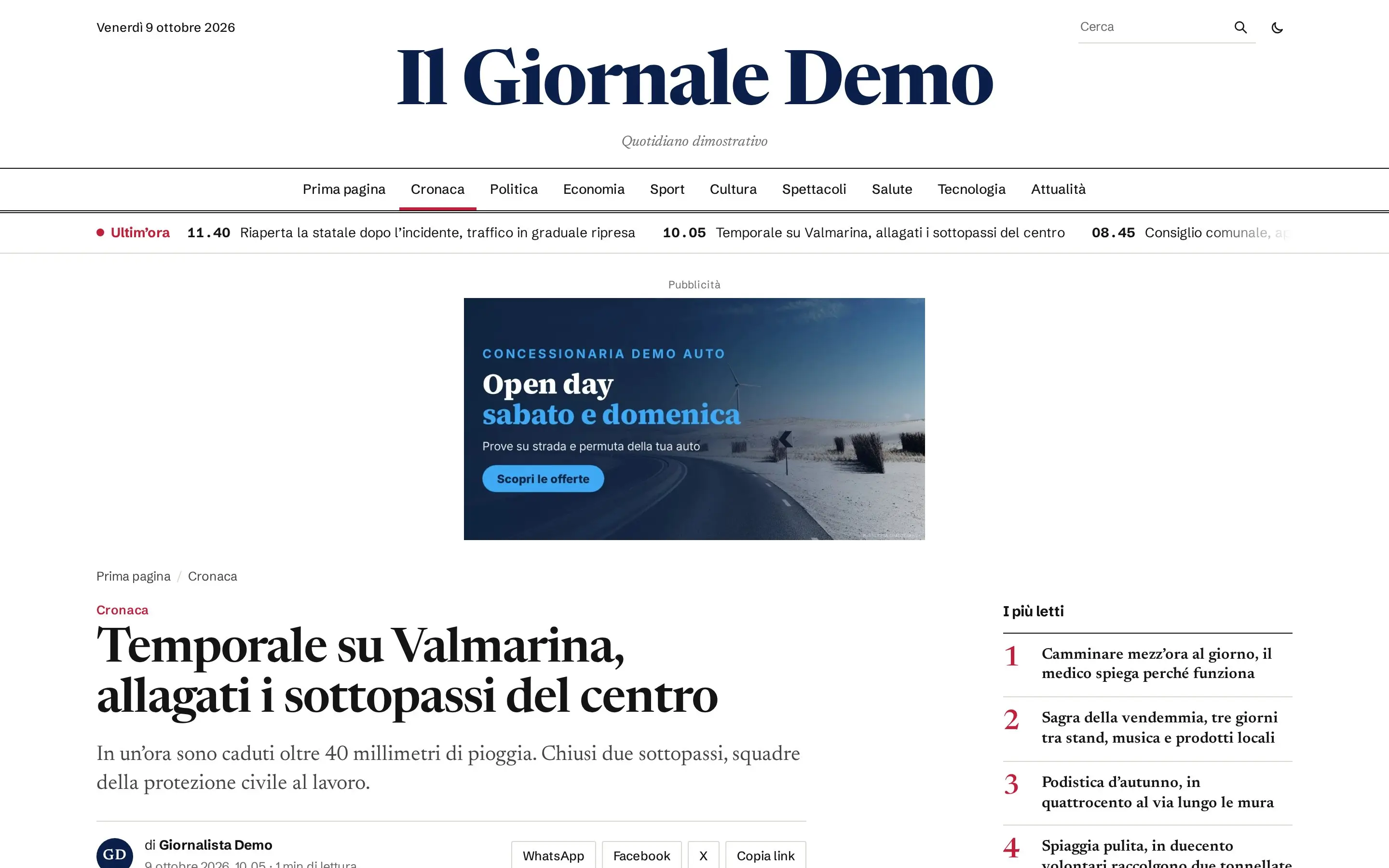 Una pagina articolo con il banner pubblicitario sopra il titolo, l’occhiello, il titolo, il sommario, la firma e i più letti
