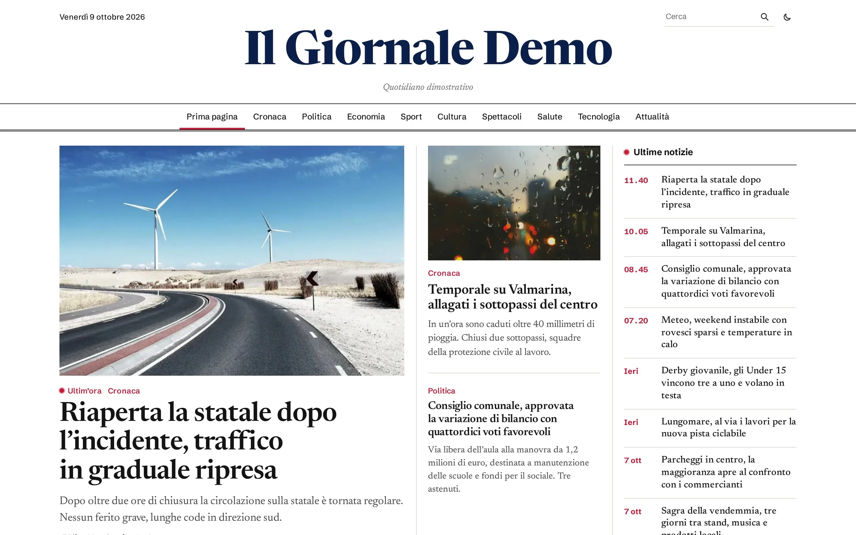 La prima pagina del Giornale Demo con la testata, l’apertura con la foto, la spalla e le ultime notizie con l’ora