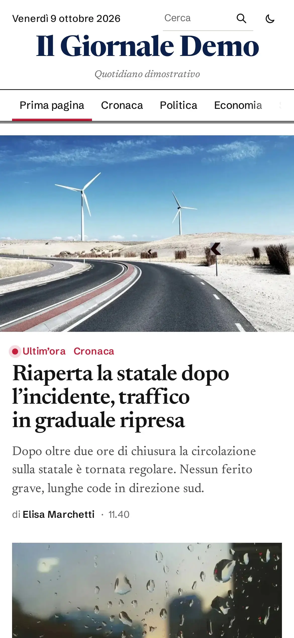 La prima pagina del Giornale Demo sul telefono, con la foto di apertura e il titolo