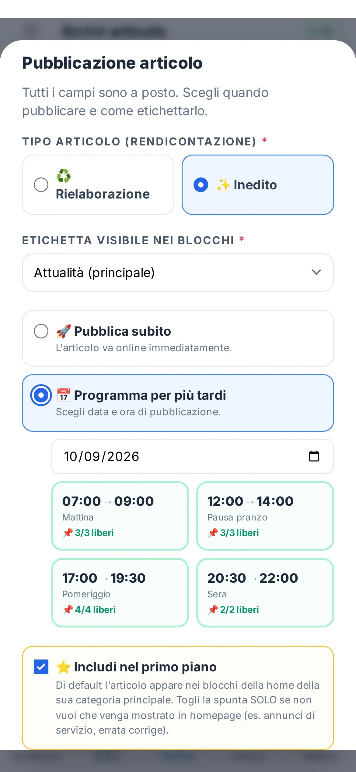 Il popup di pubblicazione sul telefono con la scelta dell’orario tra gli slot liberi